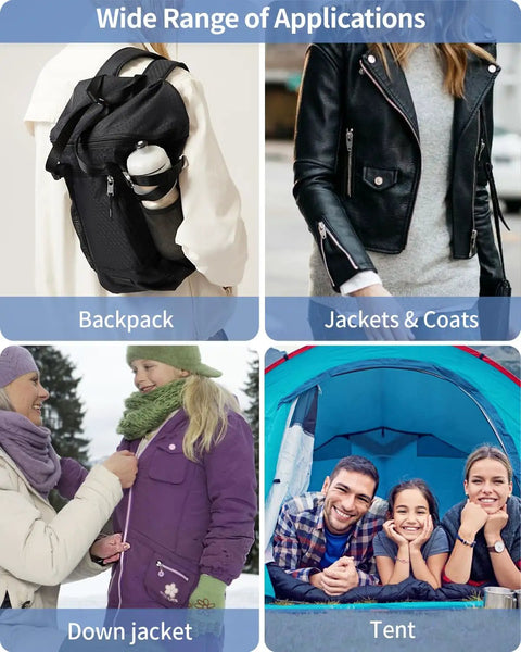 Image showing applications of Zipper Repair Kit for Jackets, Coats, Backpacks, Luggage and More, 159-Piece Universal Zipper Fix Kit.