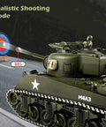 One Eighteen Scale Alloy M4A3 Sherman RC Tank With Smoke, Sound, LED Lights And Recoil firing at a target in realistic mode