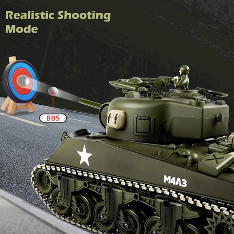 One Eighteen Scale Alloy M4A3 Sherman RC Tank With Smoke, Sound, LED Lights And Recoil firing at a target in realistic mode