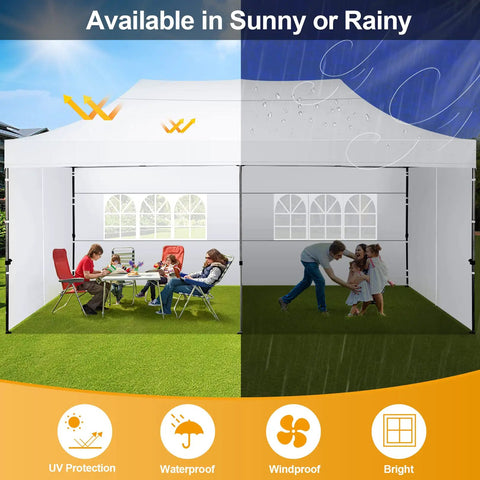 Beast 10x20 Heavy Duty Pop Up Canopy With 6 Sidewalls Windproof And Waterproof All Season Commercial Outdoor Wedding Party Tent Gazebo With Roller Bag For Easy Transport shown in sunny and rainy conditions.