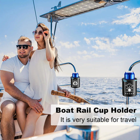 Couple on boat with Clamp On Marine Boat Rail Cup Holder Four Pack With 360 Degree Swivel No Drilling Required visible on handrails