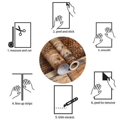 Peel And Stick Brown Wood Wallpaper No Mess Realistic Vintage Grain Self Adhesive Shiplap Style DIY steps illustration.