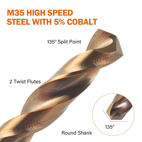 Close-up of Five Sixteenth Inch Cobalt Drill Bit Set with 135-degree tip, M35 high speed steel, heavy-duty twist bit design.