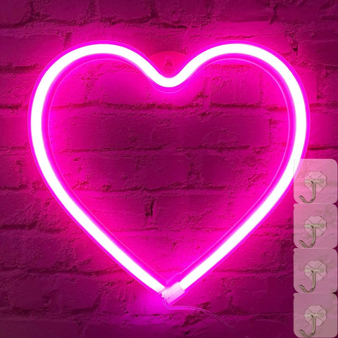 Pink Neon Heart LED Light For Bedroom Or Living Room USB Or Battery Operated Mood Lamp With Four Hooks on brick wall
