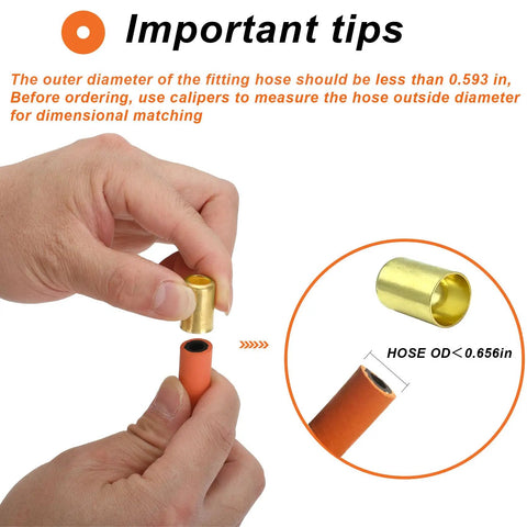 Brass Hose Ferrule Fittings 0.560 Inch ID By 1 Inch Long For Air Torch And Acetylene Hoses Repair, demonstrating fitting size