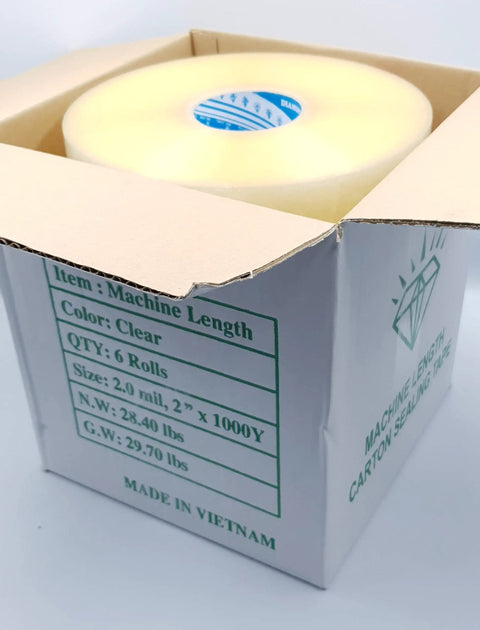 Heavy Duty Clear Packing Tape 6 Roll Bundle 2 Inches Wide By 1000 Yards Each displayed in a carton box.