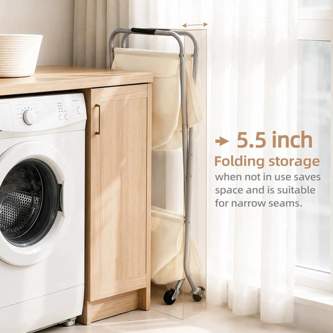 Collapsible Laundry Cart With Wheels 65L 17 Gal Rolling Hamper folded beside a washing machine, showing space-saving design.