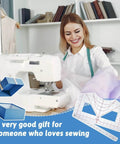 Seamstress using sewing machine with clear T-shirt ruler guide for vinyl alignment and heat press centering in foreground.