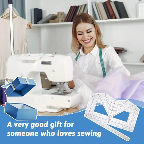Seamstress using sewing machine with clear T-shirt ruler guide for vinyl alignment and heat press centering in foreground.