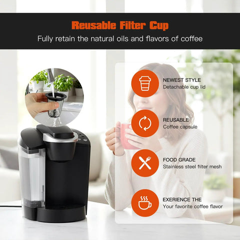 Woman using Keurig Compatible Reusable Coffee Filters 3 Pack For K60 And K65 Series, Brew Coffee Or Tea, Gray Replacement Filters.