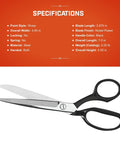 Industrial Inlaid Straight Trimmers For Fabric And Upholstery With Precision Ground Blades on orange background with specs.