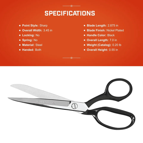 Industrial Inlaid Straight Trimmers For Fabric And Upholstery With Precision Ground Blades on orange background with specs.