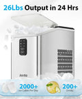 Countertop Ice Maker Delivers Bullet Ice In Minutes 26 Lbs Per Day Two Ice Sizes Portable Stainless Steel Machine with basket and scoop auto self cleaning grab and go ready for home kitchen or office showing ice production details