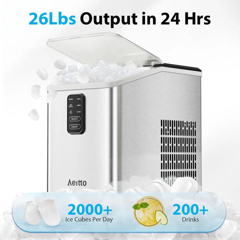 Countertop Ice Maker Rapid Bullet Ice In Six Minutes, 26Lb/24H Capacity, showing ice cubes overflowing with display panel