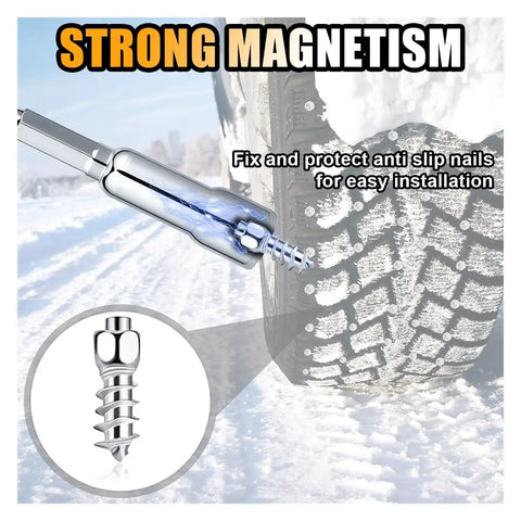 Badass Carbide Tire Studs With Snap On Tool 50 Pack Anti Skid Snow Spikes For Winter Wheels Car Truck Suv Bike Crush The Black Ice For Rock Solid Grip All Season Long installation tool securing tire spikes on winter tire.
