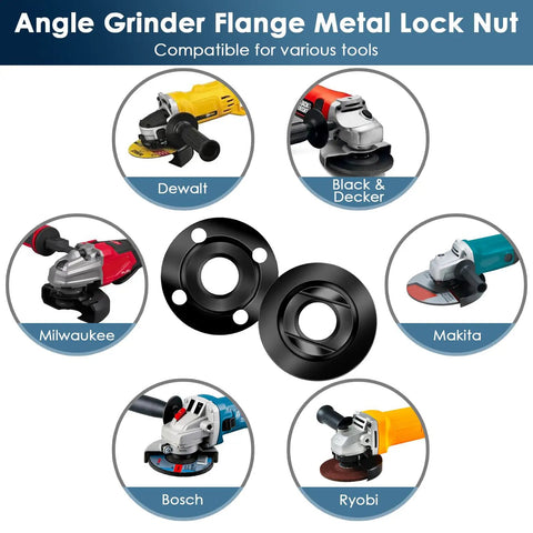Angle Grinder Flange Metal Lock Nut for Dewalt, Milwaukee, Bosch, and more in black color, compatible with tools.