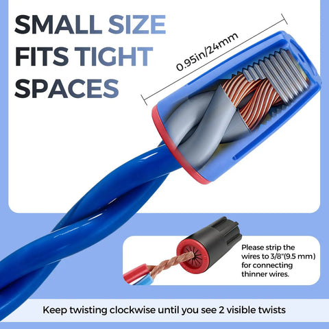 40 Piece Waterproof Wire Connectors Set For 12 To 22 AWG IP65 Rated Twist Nuts image showing small size fitting tight spaces.
