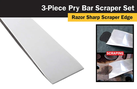 Close-up of Three Piece Stainless Steel Pry Bar Scraper Set showing angled edge for prying and nail pulling applications