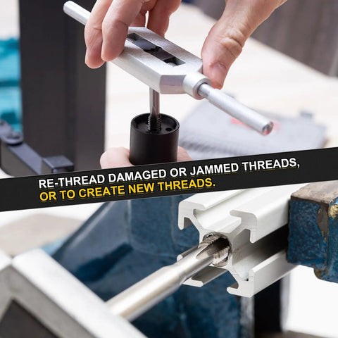Pro Grade Heavy Duty M2.2 X 0.45 Metric Thread Taper Tap in use for re-threading damaged threads with a tap wrench.