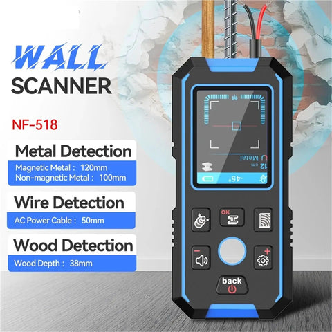 Precision Wall Scanner And Metal Detector Stud Finder for detecting wood, nails, AC live wires with bright LCD panel, model NF-518.
