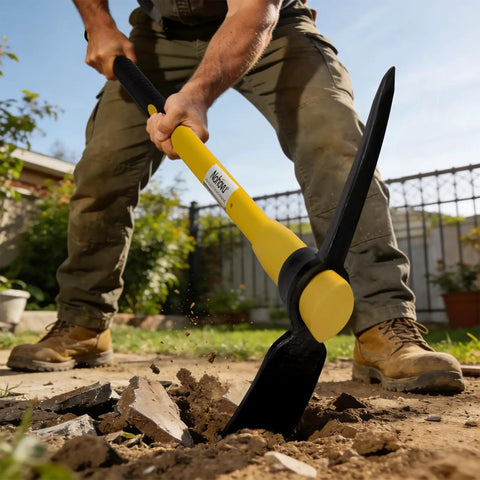 Person using Heavy Duty Forged Steel Pick Axe With Shock Absorbing Fiberglass Handle For Digging And Chiseling In Hard Ground Concrete