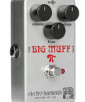 Side view of Ram's Head Big Muff Pi Fuzz Pedal With True Bypass And Battery Included, Vintage Look And Graphics, metal casing.