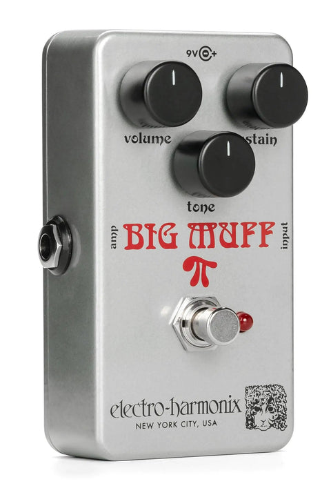 Side view of Ram's Head Big Muff Pi Fuzz Pedal With True Bypass And Battery Included, Vintage Look And Graphics, metal casing.