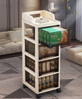 Multitasking Rolling Storage Cart With Sturdy Plastic Drawers And Smooth Gliding Swivel Wheels displaying books and decor in a modern living room.