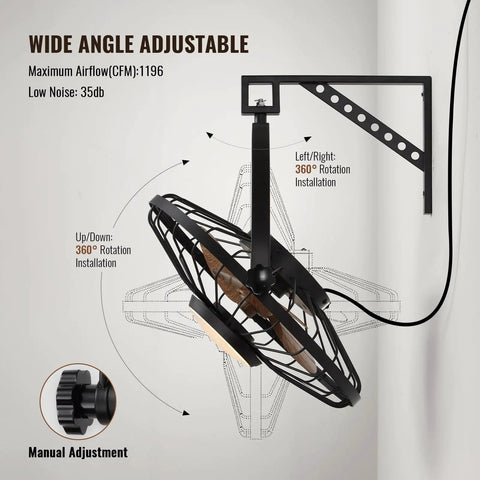 21 Inch Wall Mount Fan With Dimmable LED Light And Remote, 6 Speed Wall Fan With Plug In Cord, adjustable mount detail