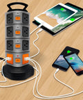 14 Outlet Surge Protector Charging Station With 4 USB Ports, Heavy Duty Power Strip Tower, 6 Foot Cord, Vertical Design with devices