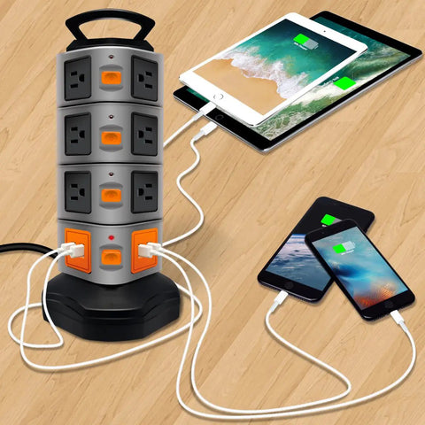 14 Outlet Surge Protector Charging Station With 4 USB Ports, Heavy Duty Power Strip Tower, 6 Foot Cord, Vertical Design with devices