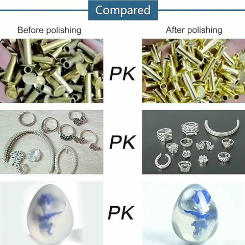 Side-by-side comparison of jewelry before and after polishing using Heavy Duty 3.5L Vibratory Tumbler Polisher.