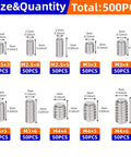 500Pcs Stainless Steel Set Screws Assortment Kit With Allen Head Grub Screws For Bathroom Fixtures And Towel Bar Sizes M2 5 M3 M4 Built For Tight Fits And Shock Resistant Assembly showing screw sizes and quantity