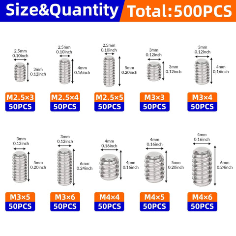 500Pcs Stainless Steel Set Screws Assortment Kit With Allen Head Grub Screws For Bathroom Fixtures And Towel Bar Sizes M2 5 M3 M4 Built For Tight Fits And Shock Resistant Assembly showing screw sizes and quantity