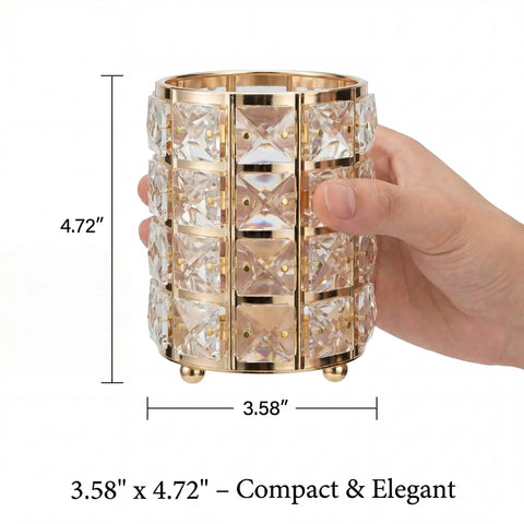 Crystal Pen Holder For Desk With Gold And Silver Metal Base, hand holding sleek compact organizer, glam desk accessory