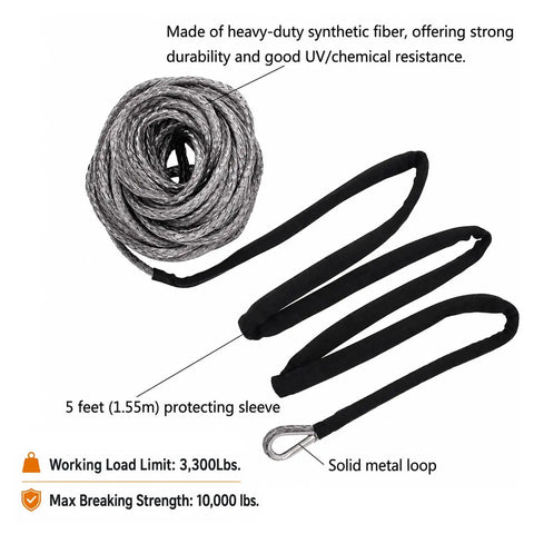 Three Sixteenth Inch By Fifty Feet Synthetic Winch Rope 8350 Lb Capacity With Hook And Stopper For ATV UTV Gray Poly Rope