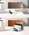 Before and after desk view with Clear Acrylic Mail Sorter With Five Compartments, Desktop File Organizer For Letters And Documents.