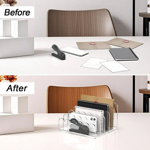Before and after desk view with Clear Acrylic Mail Sorter With Five Compartments, Desktop File Organizer For Letters And Documents.
