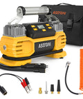 Heavy Duty 12V Tire Inflator With Auto Shutoff And Digital Screen Dual Cylinders And Dual Motors Portable Air Compressor For Cars SUVs RVs Trucks And Air Mattresses 160 PSI Yellow with accessories and carrying case.