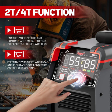 Plasma Cutter 55 Amp With Non Touch Pilot Arc And Large LED Display Pro Grade Dual Voltage 110 To 220 Volt IGBT Inverter with touch interface showing 2T and 4T modes.
