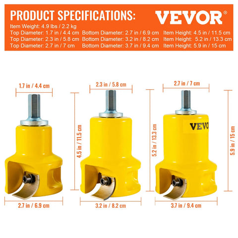 Three yellow tenon cutters with product specifications, including various diameters and heights, showcasing versatile design.