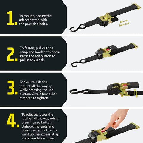 Beefy Bolt On E Track Retractable Ratchet Straps Pack Of 2 2 Inch By 6 Foot Heavy Duty Tie Downs For Boats Jet Skis Motorcycles And ATVs 4000 Lbs Break Strength usage instructions