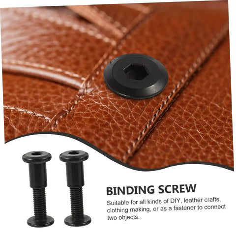 Set Of Five Heavy Duty Binding Screws And Countersunk Cap Nuts For Furniture Hardware And Leather Craft Projects, black screws on leather.