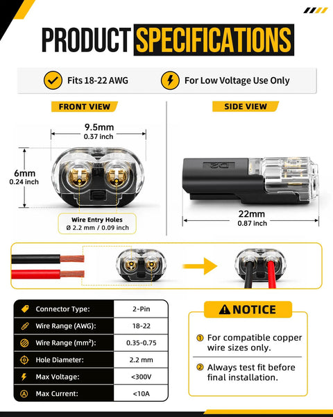 Image showing dimensions and specifications of 200 Pieces Quick Connect Wire Terminals for Wiring Job Double Push in Plugs.