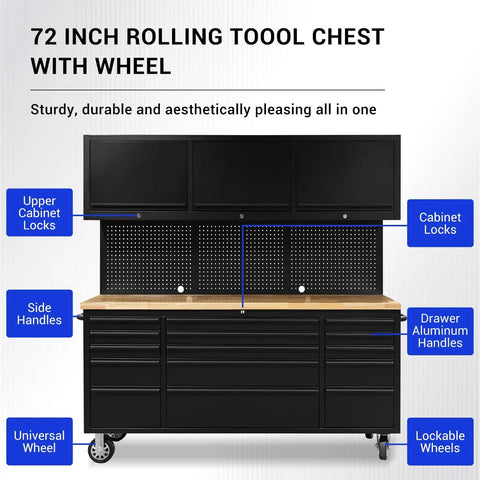 Front view of 72 Inch Rolling Tool Chest With 3 Upper Cabinets And 15 Drawers, pegboard, large mobile toolbox on wheels.