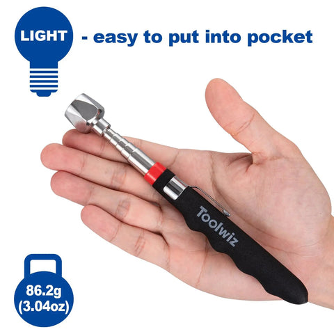 Toolwiz telescopic magnetic pick-up tool held in hand, lightweight and compact, part of 17 Inch Rolling Magnetic Sweeper set