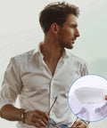 Man wearing white shirt with inset of 100 Pack Disposable Hat Sweat Liners For Baseball Caps, Sweat Absorption Shield For Men And Women.