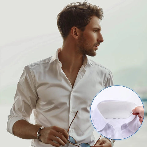 Man wearing white shirt with inset of 100 Pack Disposable Hat Sweat Liners For Baseball Caps, Sweat Absorption Shield For Men And Women.