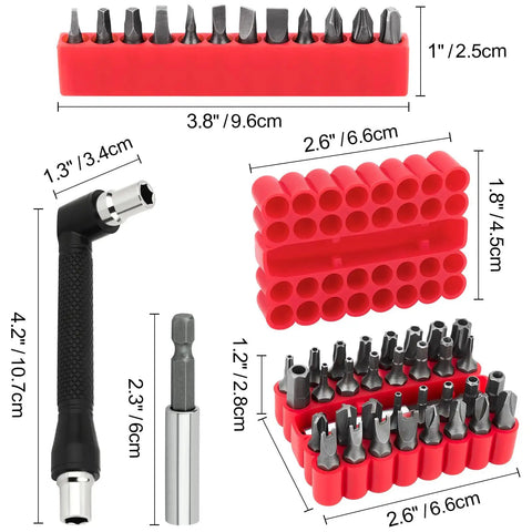 46 Piece Security Bit Set With Tamper Proof Torx Bits in bright red case, showing various sizes and shapes including Torx and Phillips.