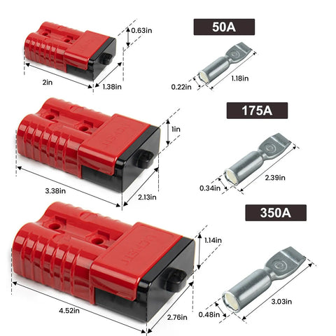 Dimensions of 2-4 Gauge Battery Quick Connectors 175A Powerpole Kit For 12V-36V Winches ATVs shown with connectors and pins.